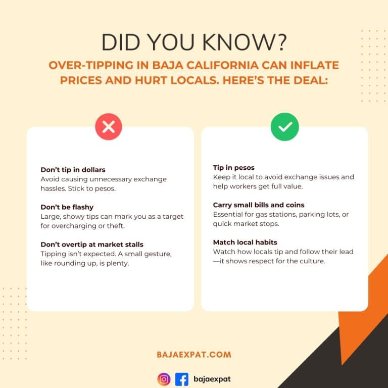 A visually engaging checklist graphic outlining the do’s and don’ts of tipping in Baja California. Tips include using pesos, carrying small bills, and matching local habits while avoiding tipping in dollars, being flashy, or overtipping at market stalls.
