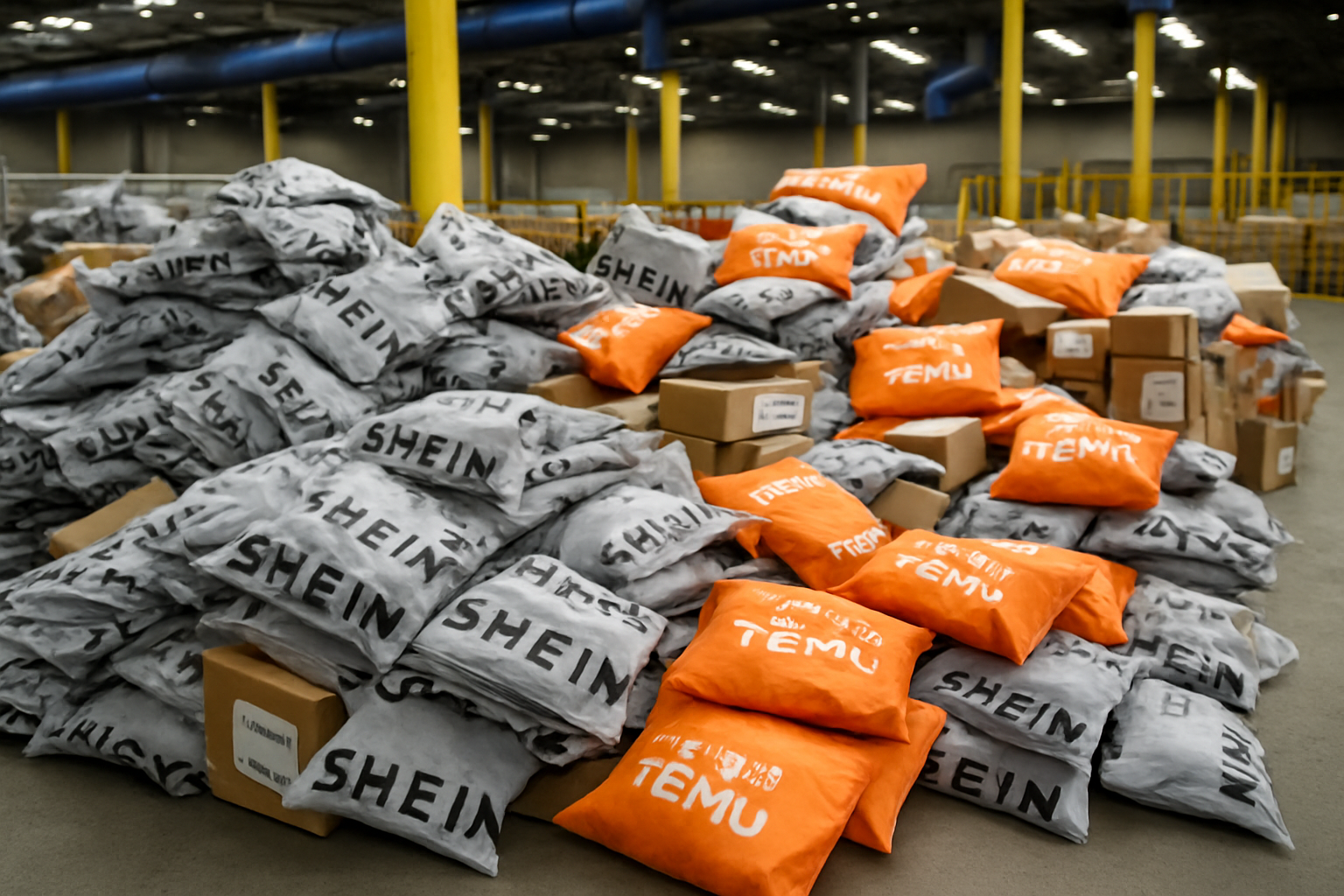 Piles of Shein and Temu packages awaiting customs processing in Mexico