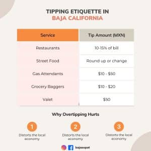 A chart with tipping guidelines for Baja California, including services like restaurants, street food, gas attendants, grocery baggers, and valet, with reasons why overtipping harms the local economy.